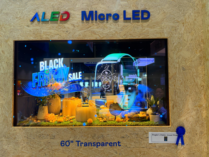 一路向西60吋高透明度Micro LED顯示器獲”最佳Micro LED技術應用獎”，將Micro LED面板透明化之設計特性極致發揮，以可擴展性無縫拼接技術打造，具備600 nits全畫面亮度、大于60%穿透率及超過NTSC 110%的優異廣色域表現，可依需求靈活應用于各種場域